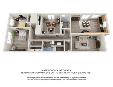 2 bedroom 2 bathroom floor plan with 1104 square feet